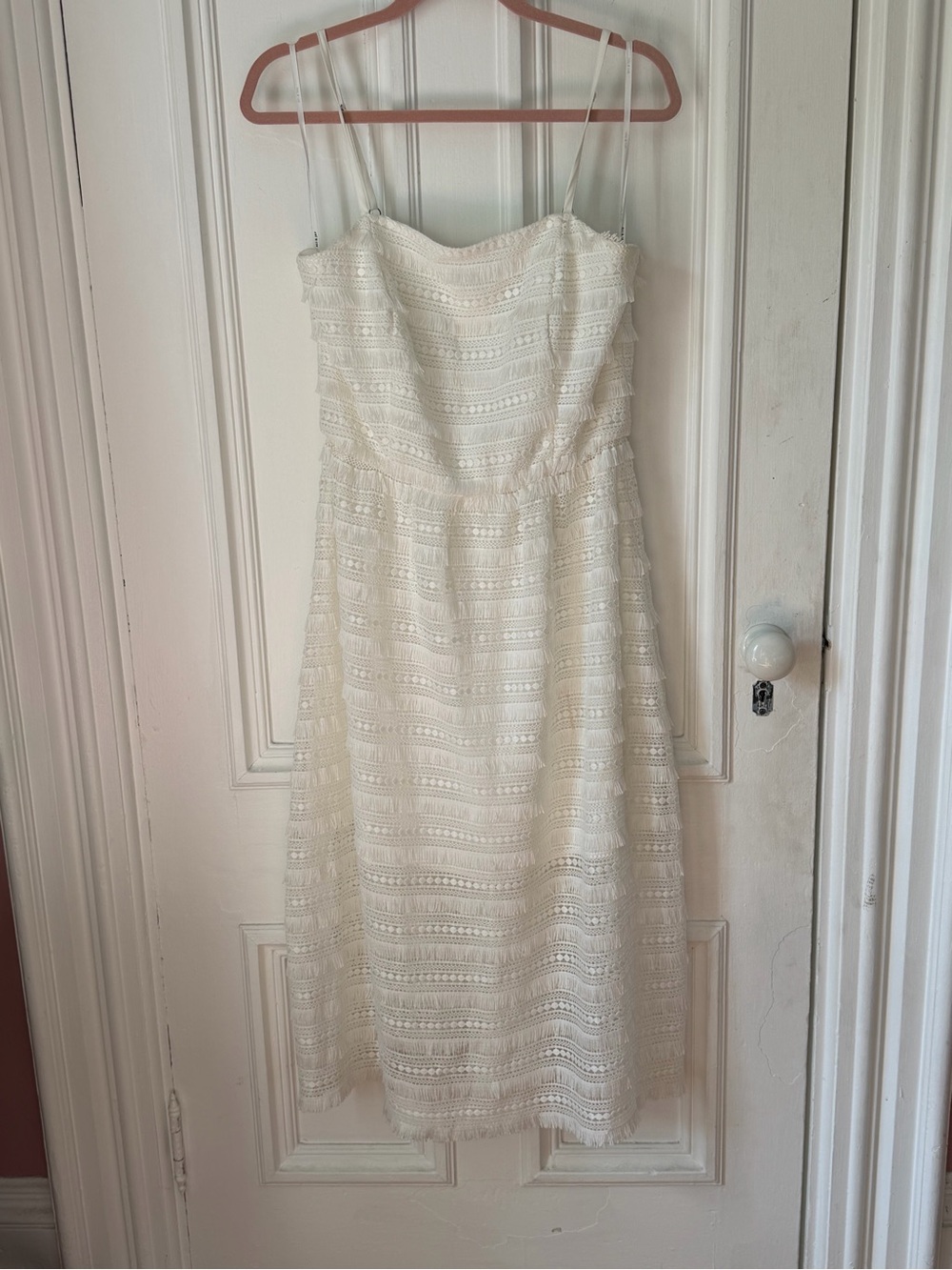 Women’s Ali & Jay “ Maybe Mozza “ White Lace Spaghetti Strap Fitted Midi Dress